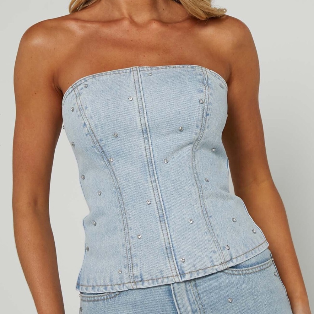 NWT denim & rhinestone strapless top